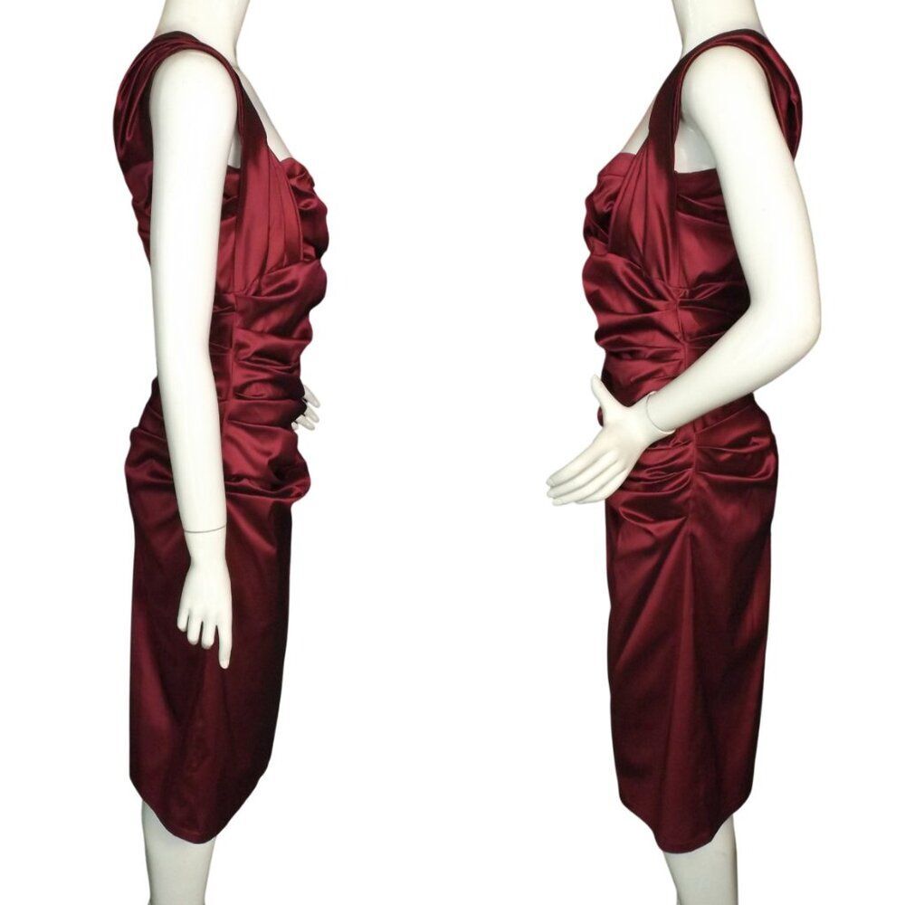 TALBOT RUNHOF Dress, 12/42, Burgundy Stretch Taffeta, Wide Straps, Ruched Zipper - Picture 7 of 13
